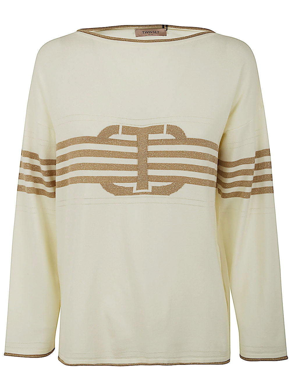 Long Sleeves Boat Neck Striped Sweater With Logo