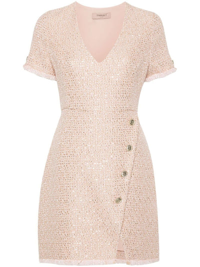 Boucle Short Sleeves V Neck Mini Dress