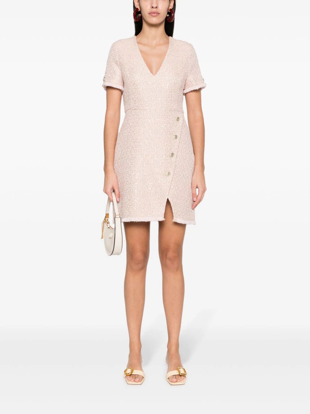 Boucle Short Sleeves V Neck Mini Dress