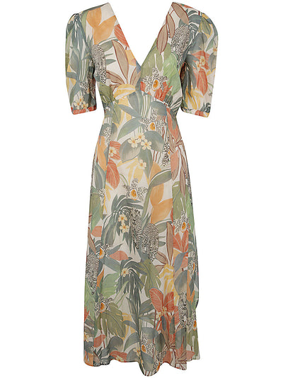 Jungle Print V-neck Popeline Dress