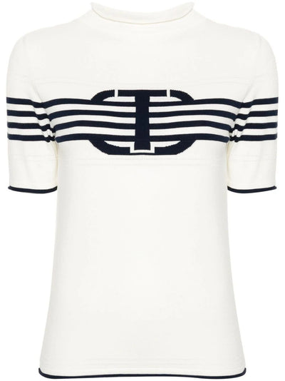 Short Sleeves High Neck Striped Sweater With Logo