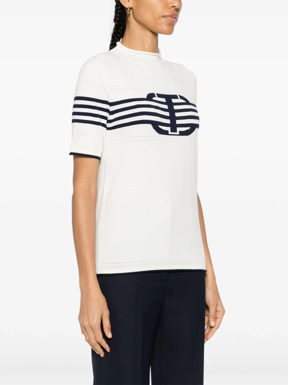 Short Sleeves High Neck Striped Sweater With Logo