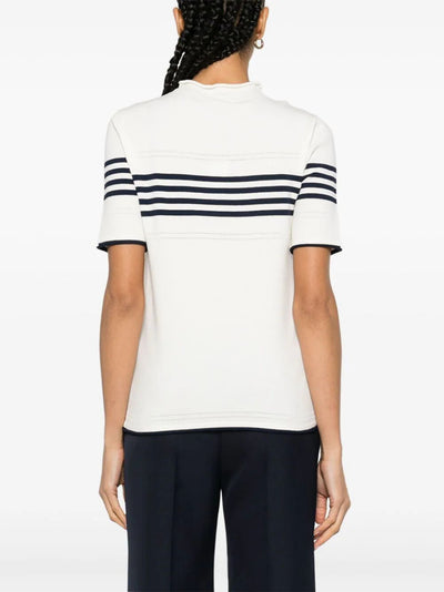 Short Sleeves High Neck Striped Sweater With Logo