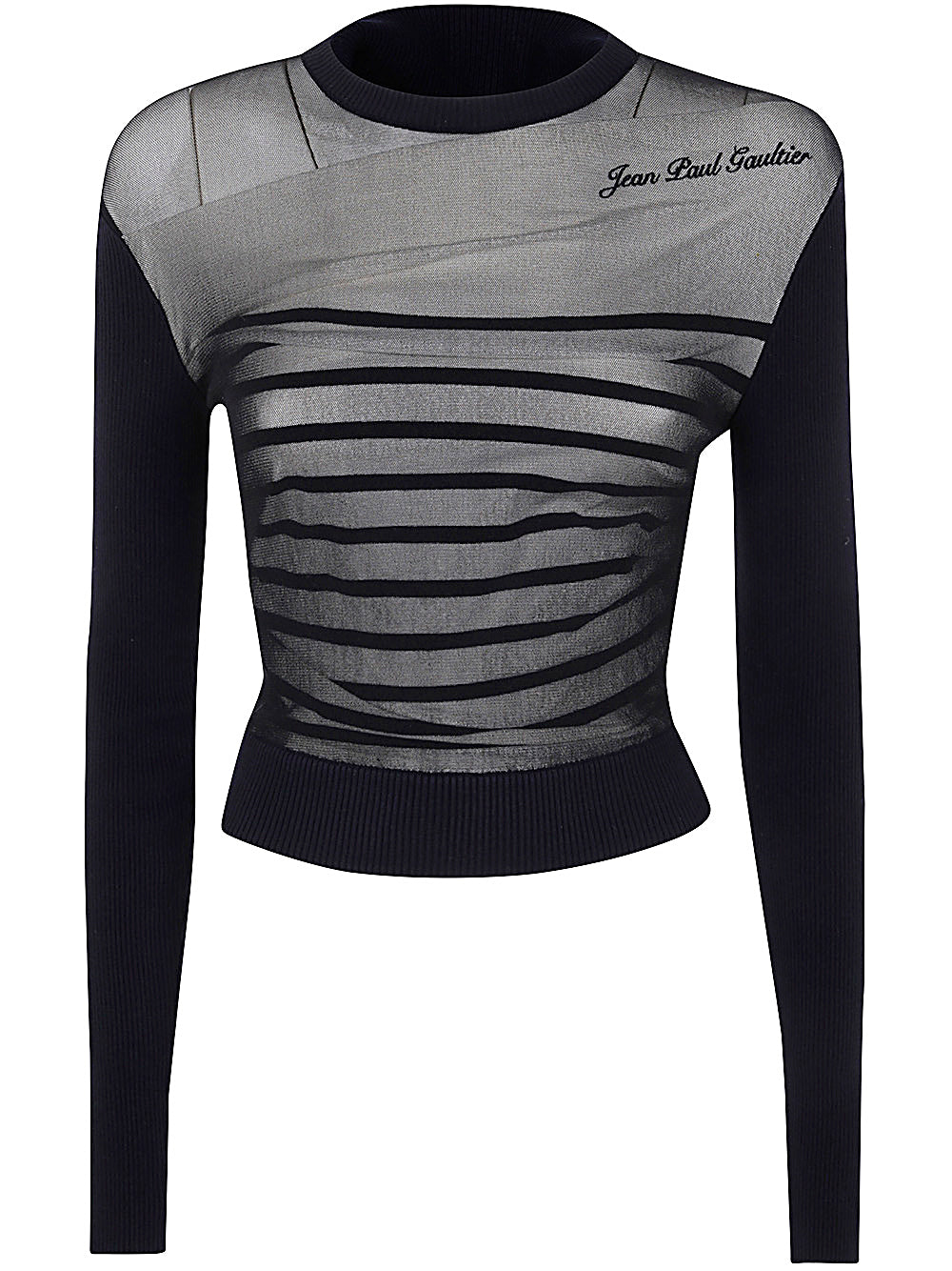 Crewneck Ribbed Mariniere Pullover With Mesh Layer