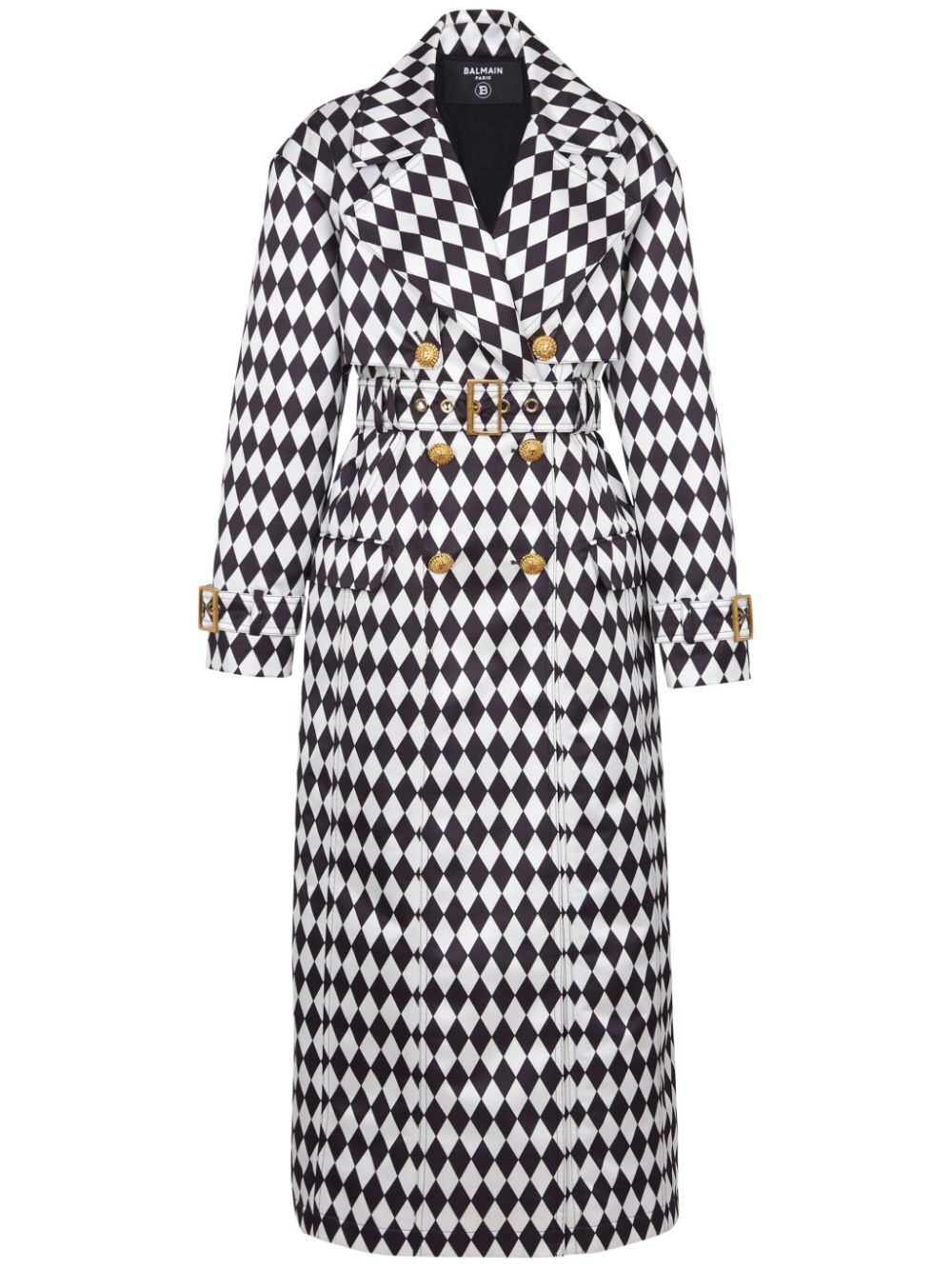 Buttoned Diamond Print Belted Trench