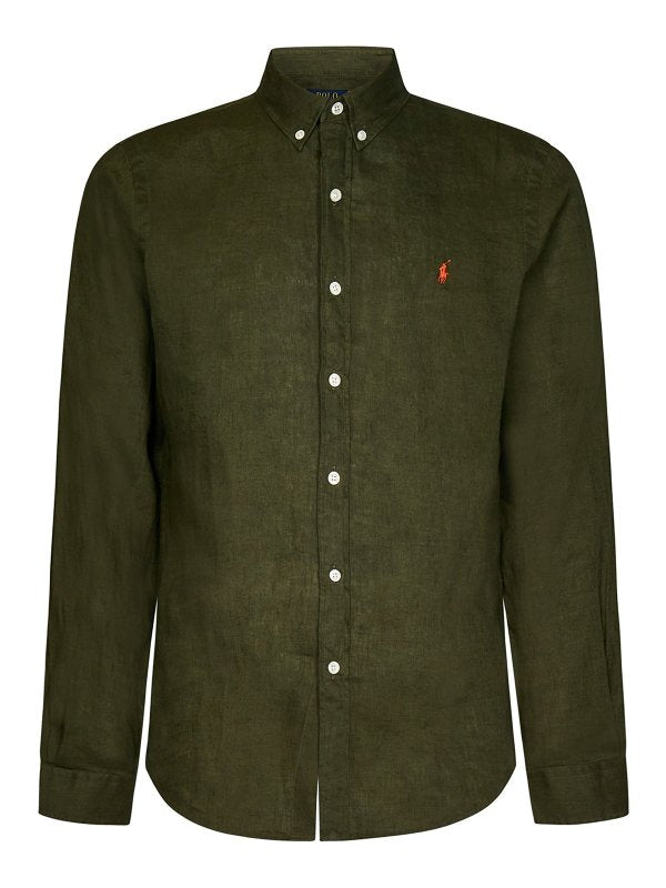 Camicia Slim Fit In Lino Verde Militare