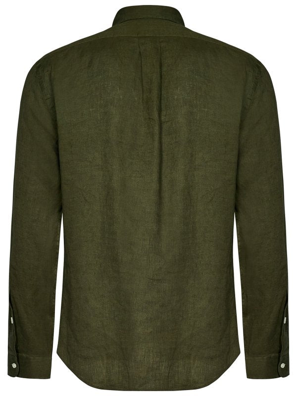 Camicia Slim Fit In Lino Verde Militare