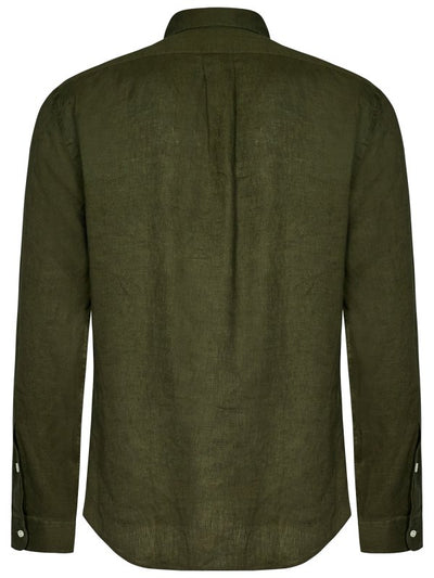 Camicia Slim Fit In Lino Verde Militare