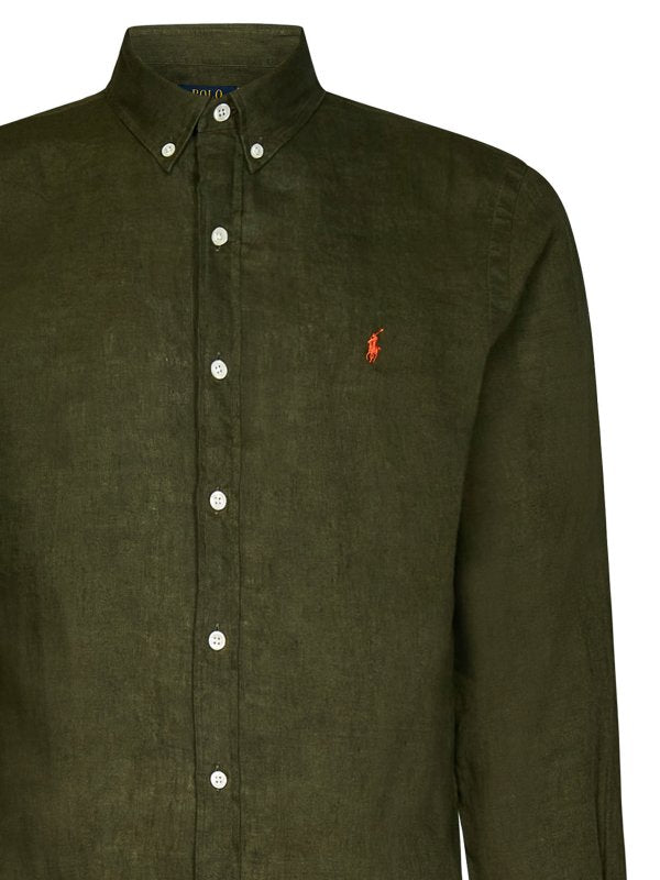 Camicia Slim Fit In Lino Verde Militare