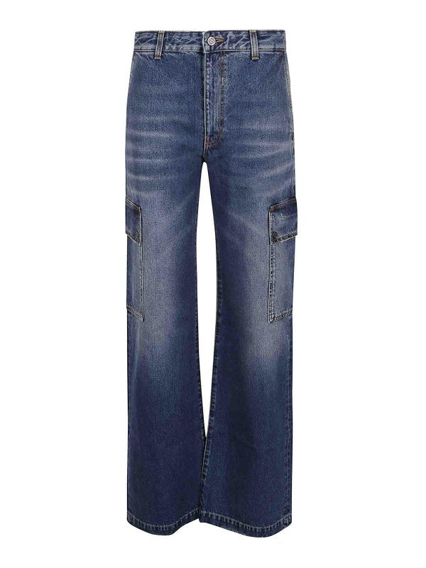 Jeans Cargo Dritti In Denim Blu