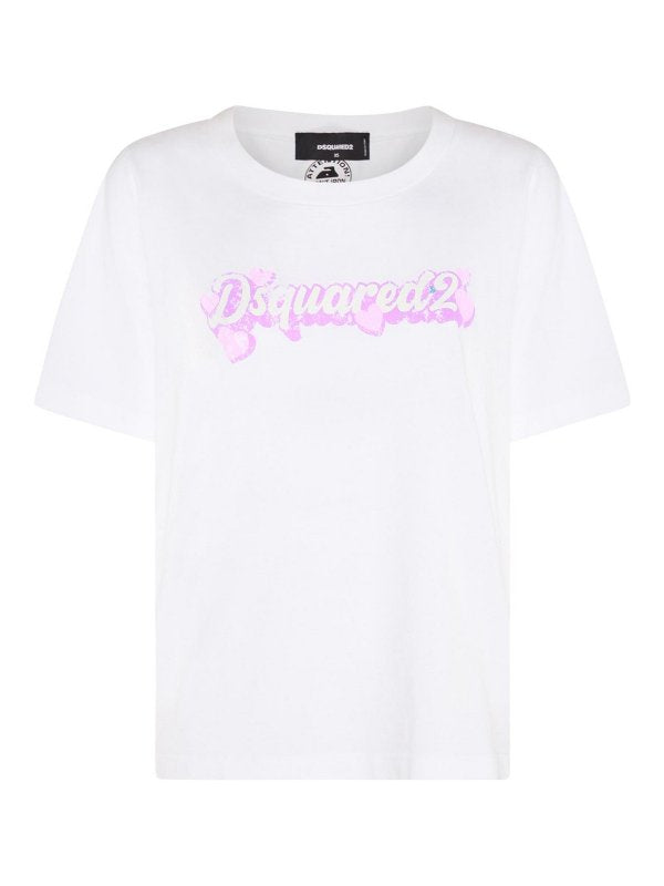 T-shirt In Cotone Bianco E Rosa