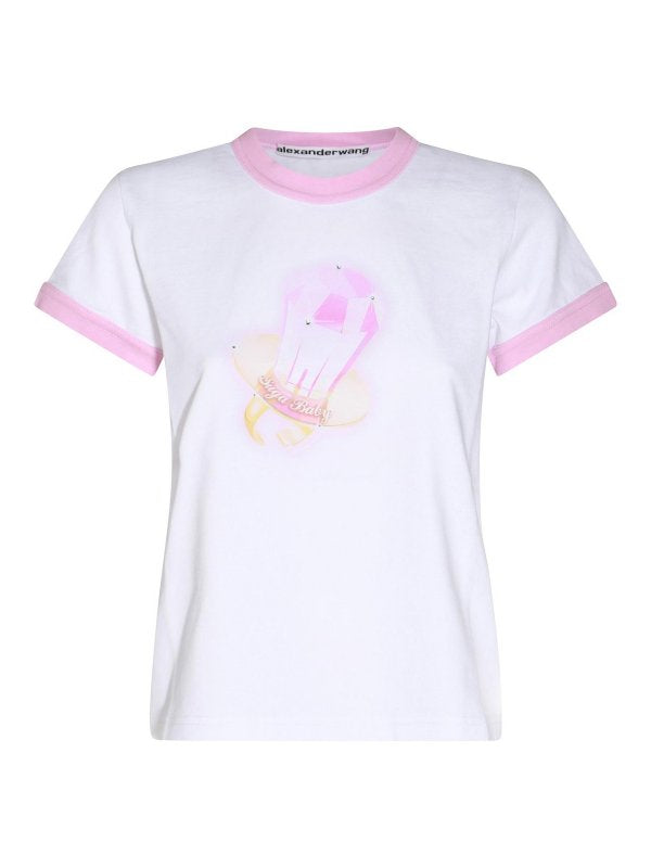 T-shirt In Cotone Bianco E Rosa