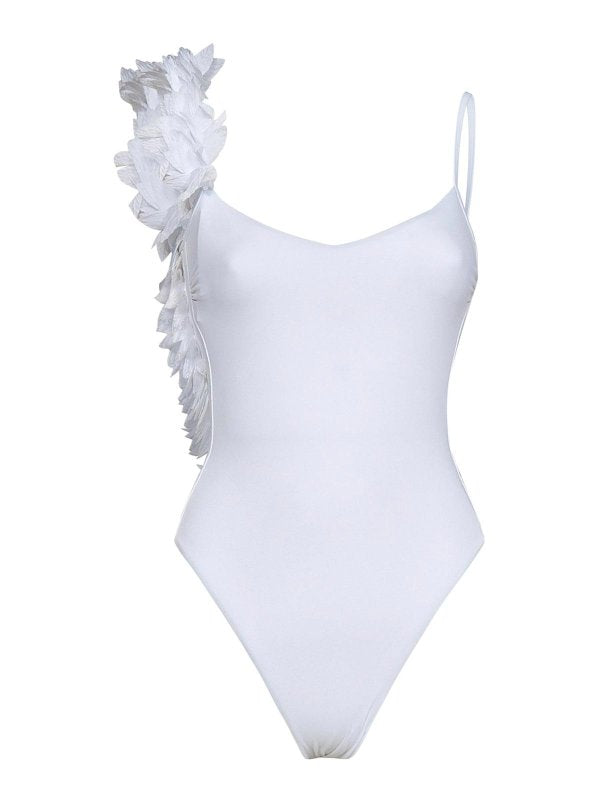 Costume Da Bagno In Lycra Bianco Con Volant