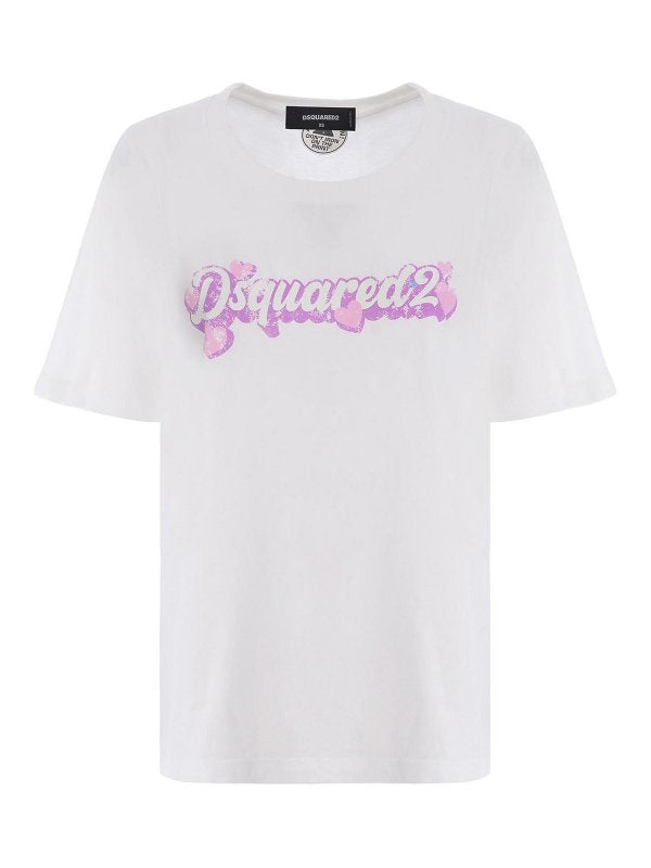 T-shirt In Cotone Bianco E Rosa