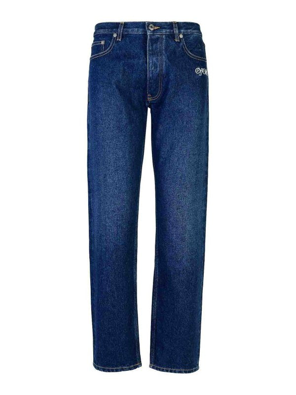 Jeans Affusolati In Cotone Blu Con Scritta