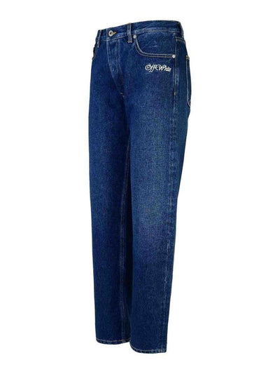 Jeans Affusolati In Cotone Blu Con Scritta