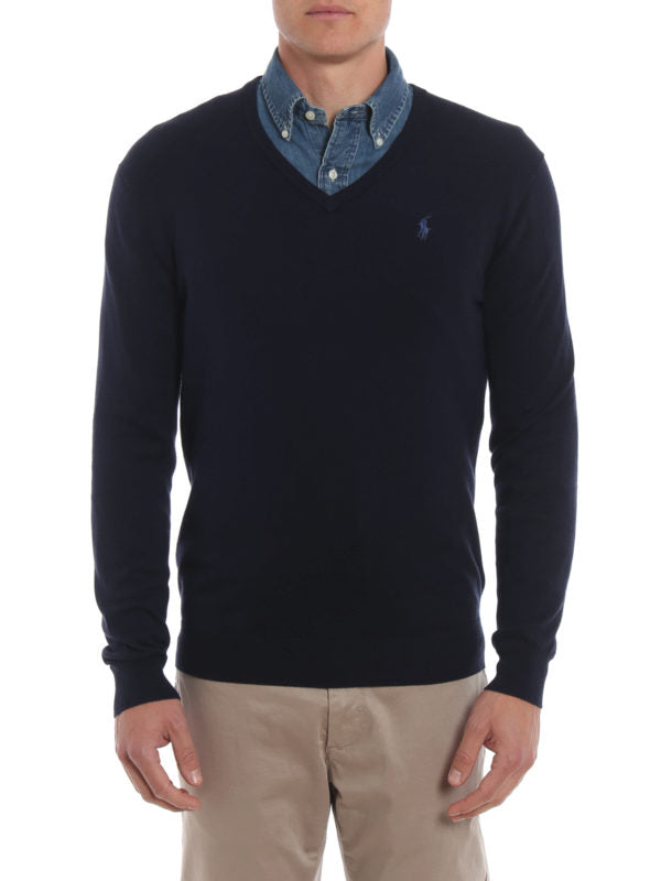 Pullover In Cotone Blu Scuro Con Scollo A V