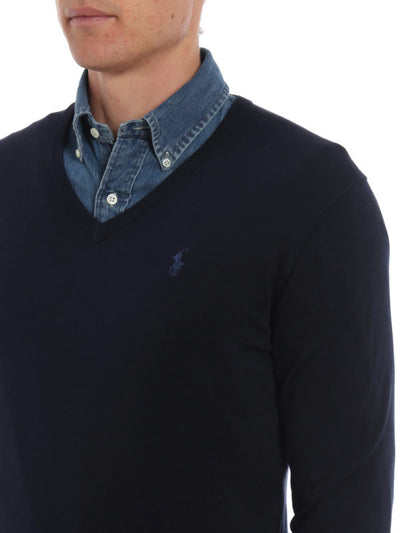 Pullover In Cotone Blu Scuro Con Scollo A V