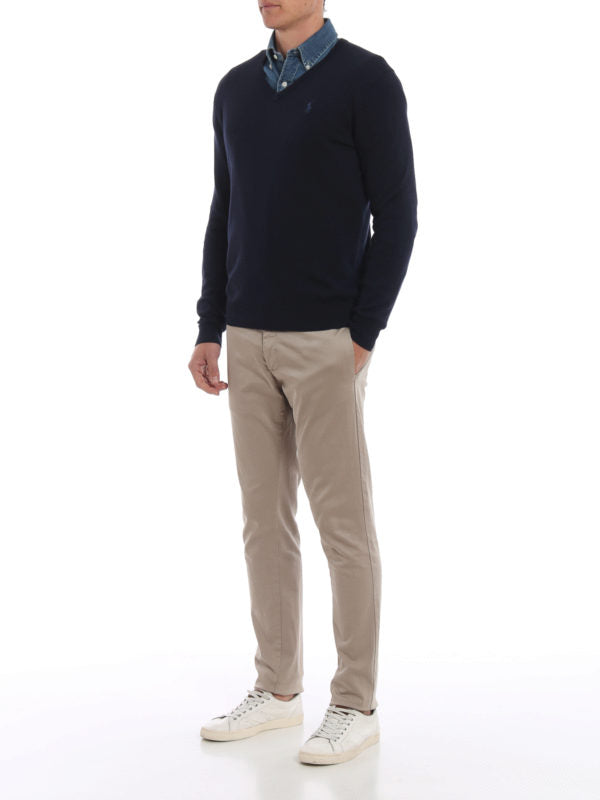 Pullover In Cotone Blu Scuro Con Scollo A V