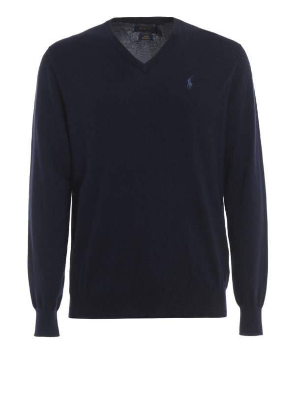 Pullover In Cotone Blu Scuro Con Scollo A V