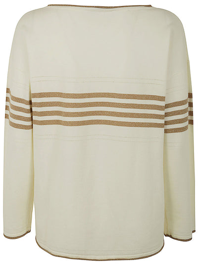 Long Sleeves Boat Neck Striped Sweater With Logo