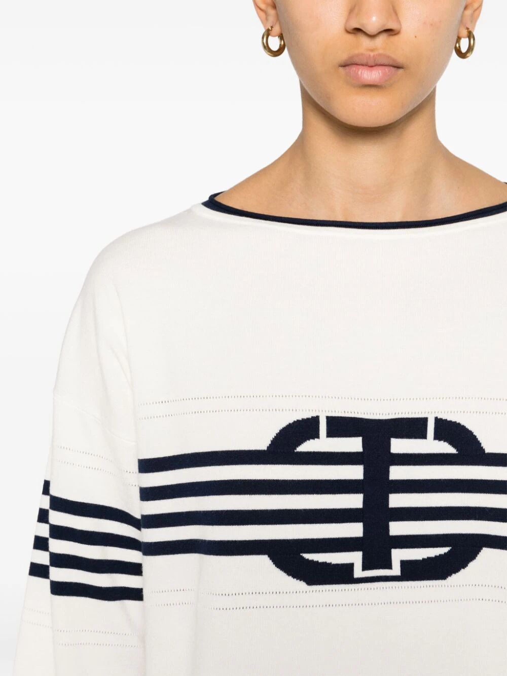 Long Sleeves Boat Neck Striped Sweater With Logo
