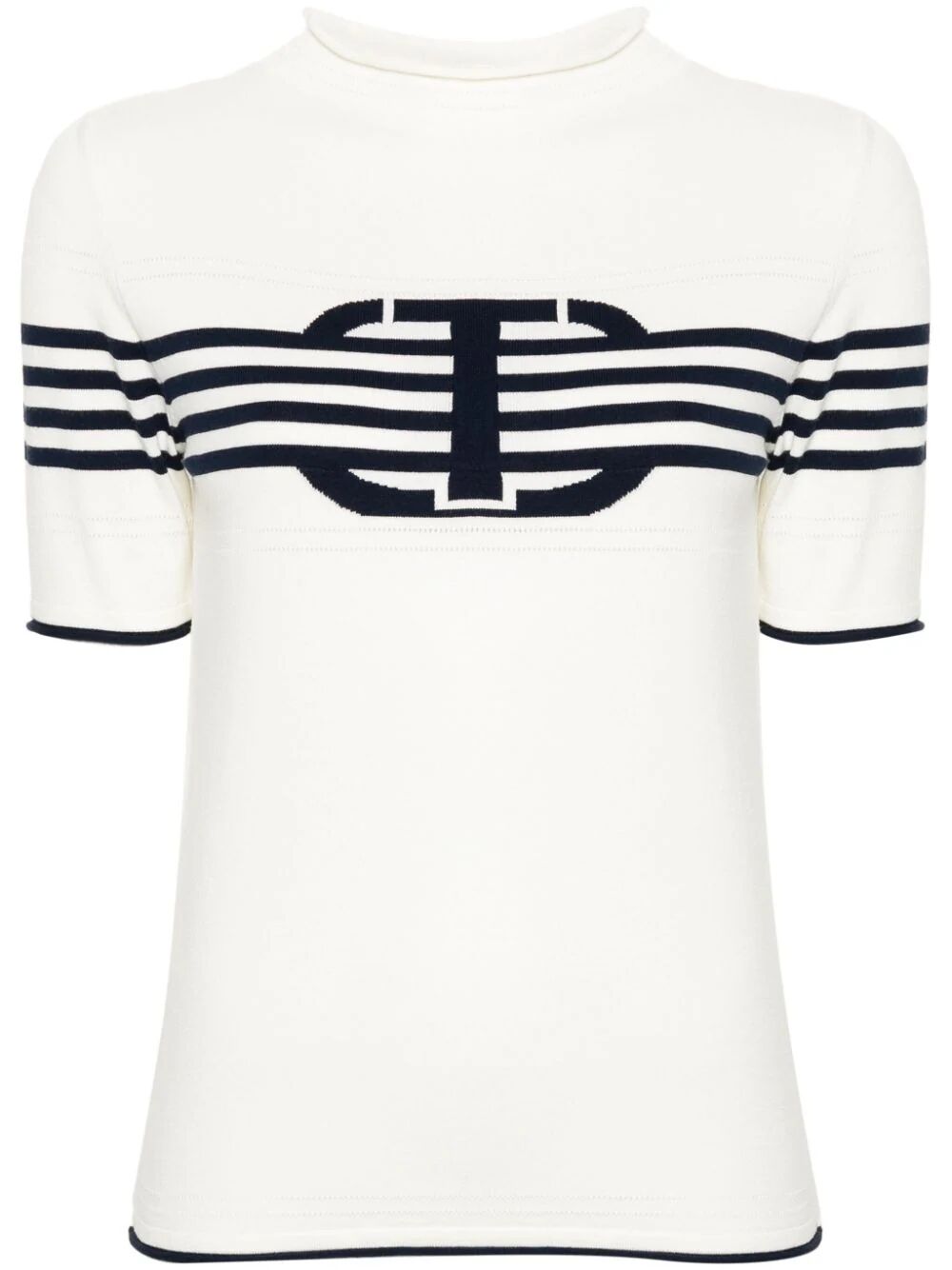 Short Sleeves High Neck Striped Sweater With Logo