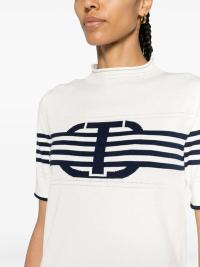 Short Sleeves High Neck Striped Sweater With Logo
